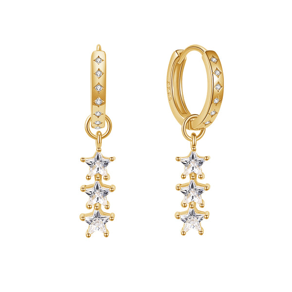 FE1871 925 Sterling Silver Trio Stars Dangle Hoops