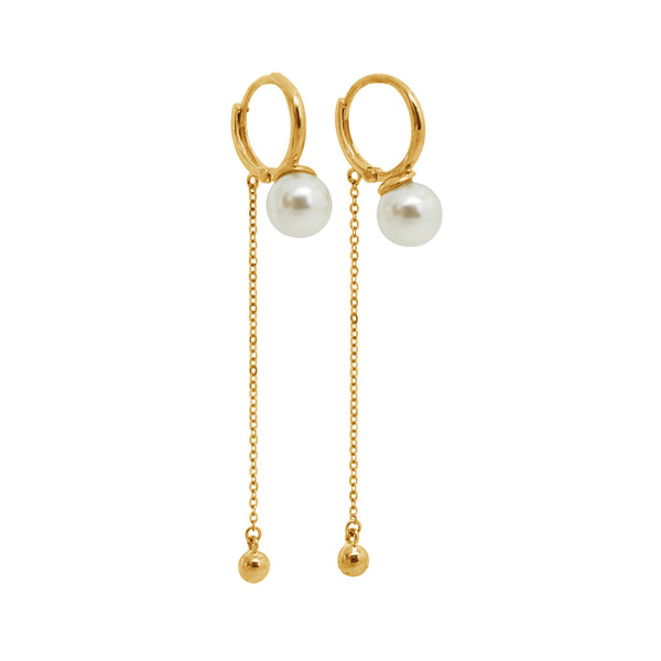 PE0057 925 Sterling Silver Gold Bead Freshwater Pearl Chain Hoop Earrings