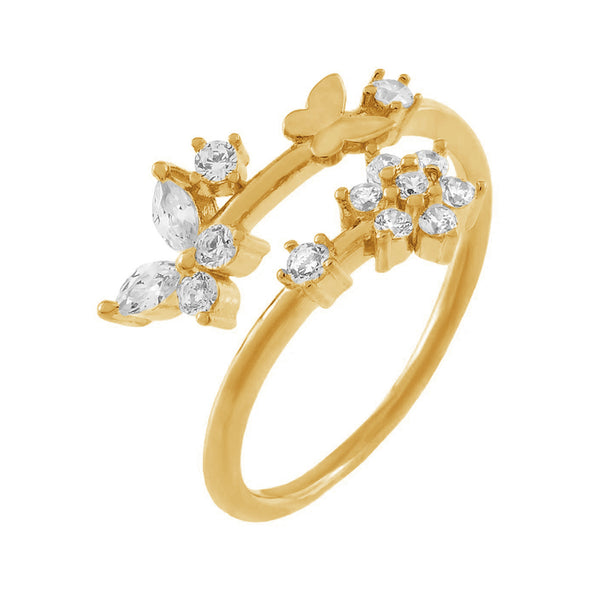 FJ0473 925 Sterling Silver CZ Butterfly x Flower Wrap Ring