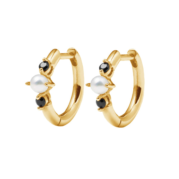 PE0032 925 Sterling Silver Claw Blavk CZ & Pearl Women Huggie Earrings