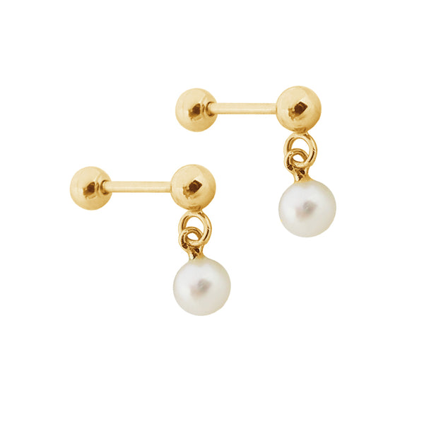 PE0101 925 Sterling Silver Gold Bead Freshwater Pearl Drop Stud Earring