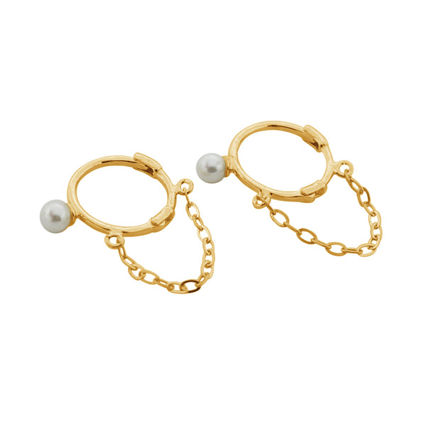 PE0099 925 Sterling Silver Freshwater Pearl Link Chain Hoop Earrings