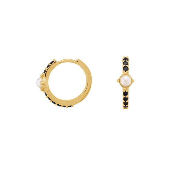 FE1910 925 Sterling Silver Black CZ Pearl Stationed Huggie Hoop Earrings