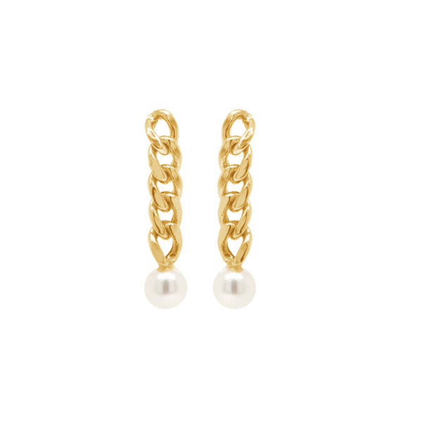 PE0022 925 Sterling Silver Cuban Chain Pearl Stud Earrings