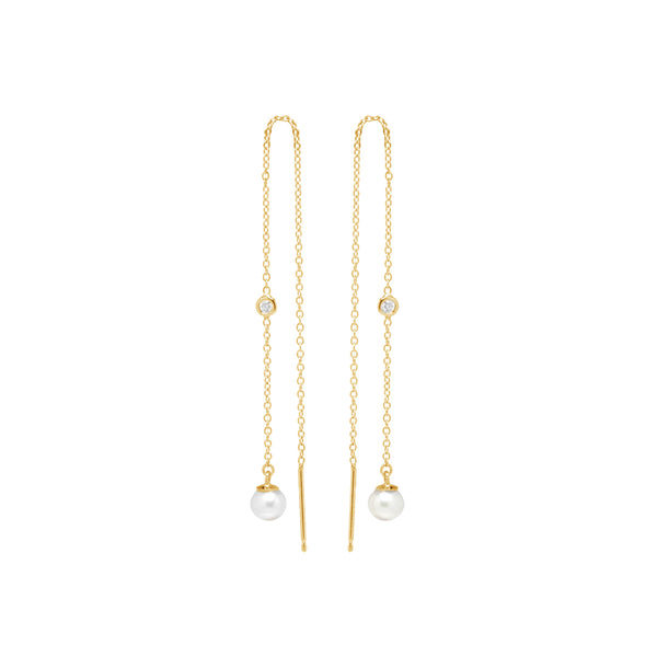 PE0018 925 Sterling Silver Chain Threader CZ & Pearl Floating Stud Earrings