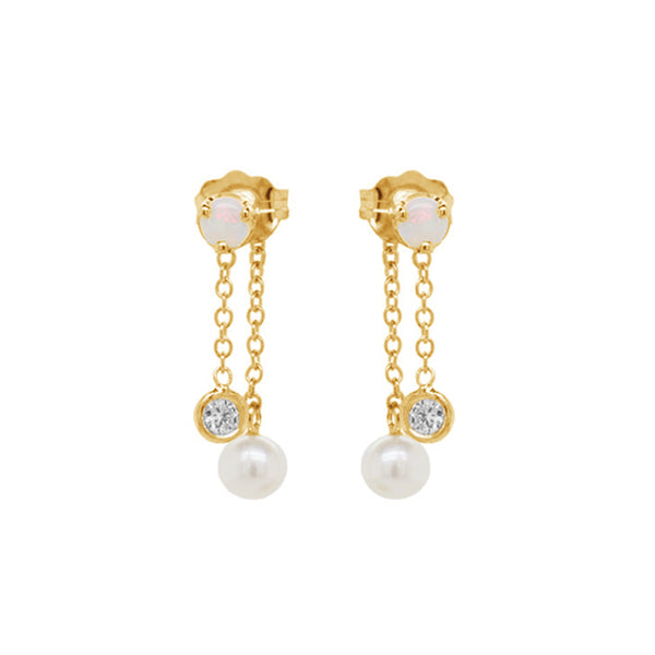 PE0021 925 Sterling Silver Opal & CZ & Pearl Chain Stud Earrings