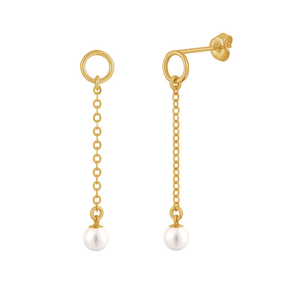 PE0001 925 Sterling Silver Freshwater Pearl Chain Drop Stud Earrings