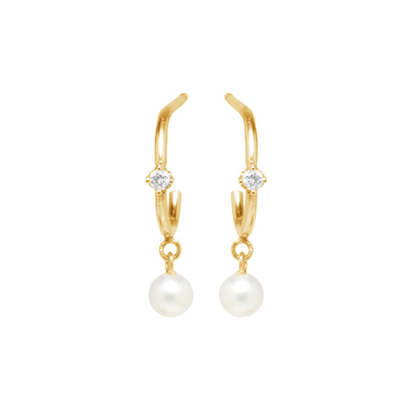 PE0020 925 Sterling Silver Dainty Pearl & Cubic Zirconia Drop Hoop Earring