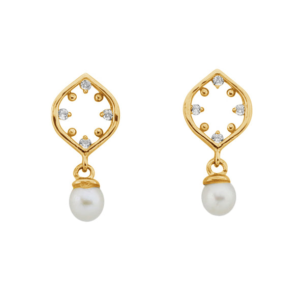 PE0091 925 Sterling Silver Zirconia Flower Freshwater Pearl Dangle Hoop Earring