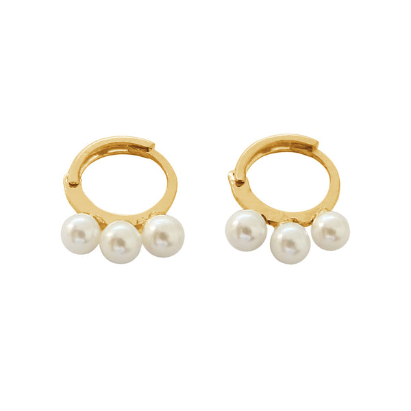 PE0058 925 Sterling Silver Classic Trio Shell Pearl Huggie Hoop Earrings