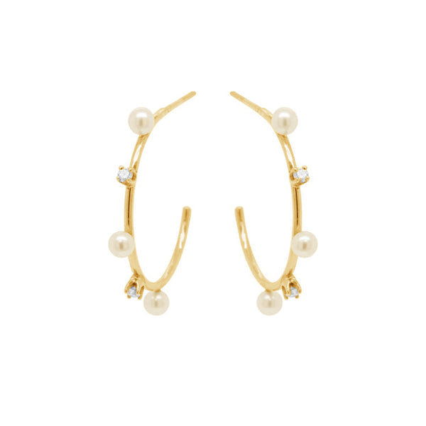 PE0025 925 Sterling Silver Prong Set Zirconia Tiny Pearl Hoops