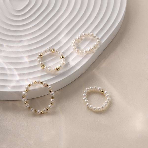 White Round Freshwater Pearl Elasticity Adjustable Ring