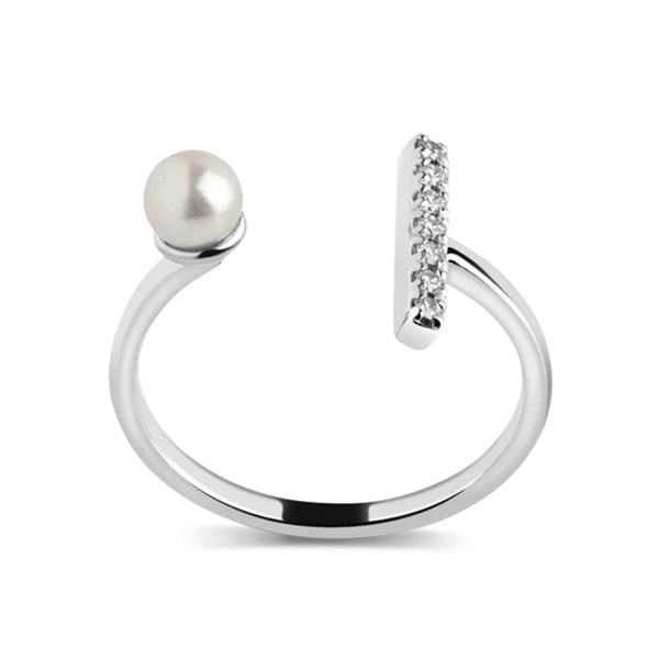 FJ0060 925 Sterling Silver Pearl & Zircon Bar Open Ring
