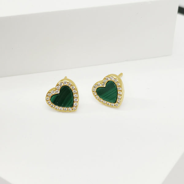 FE1811 925 Sterling Silver Mini Heart Malachite Stud Earrings