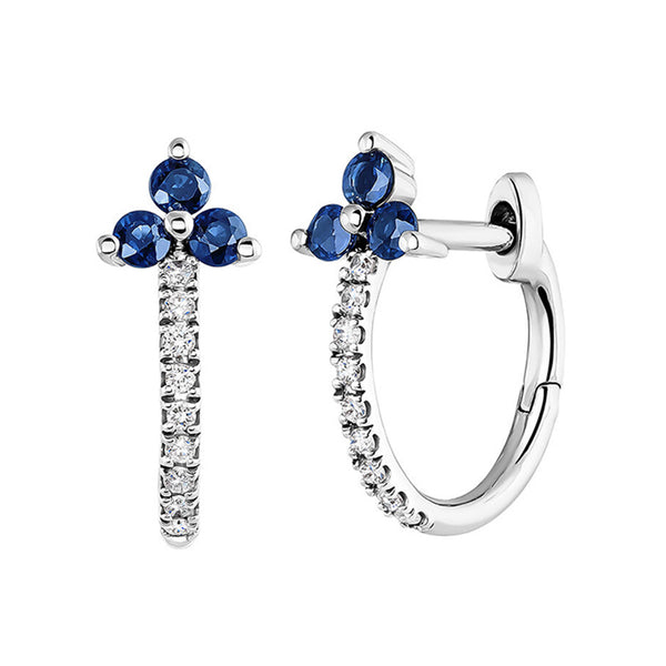 FE0299 925 Sterling Silver Clover Sapphire And Diamond White Gold Hoop Earring