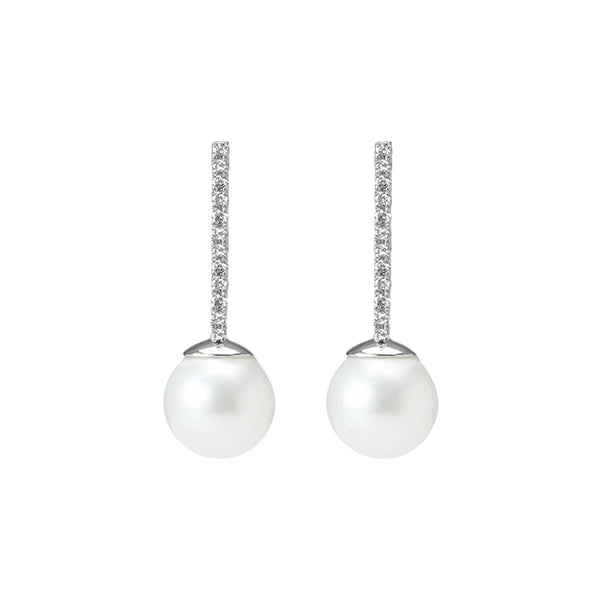 FE0282 925 Sterling Silver Proud Pearl Earrings with White Diamonds