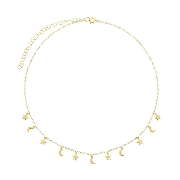 FX0200 925 Sterling Silver Moon & Star Choker Necklace