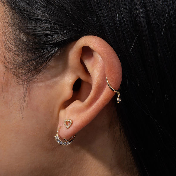 FE0550 925 Sterling Silver Diamond Heart Threader Hoop Earrings