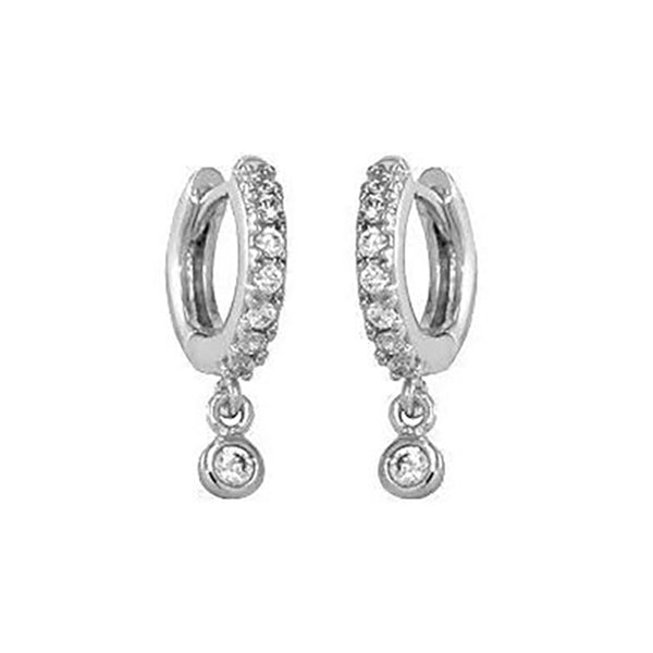 FE0007 925 Sterling Silver Pave Bezel Drop Huggie Earrings