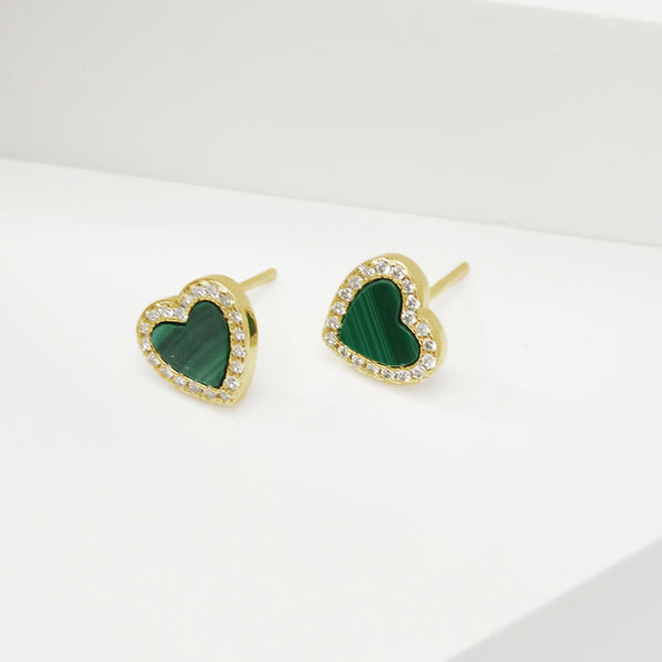 FE1811 925 Sterling Silver Mini Heart Malachite Stud Earrings