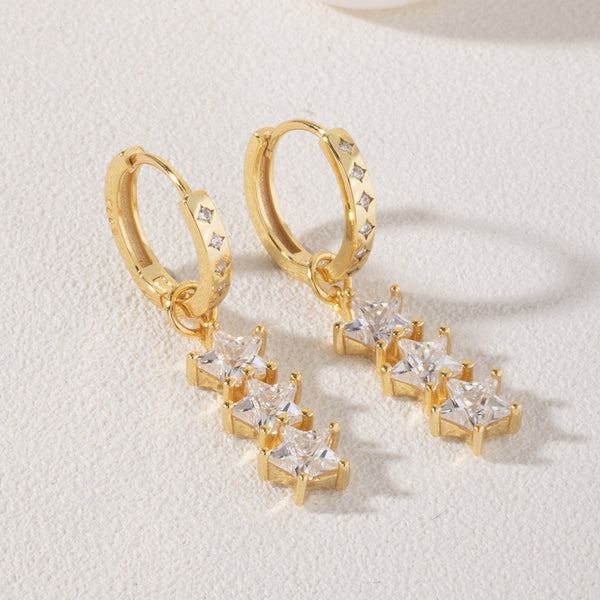 FE1855 925 Sterling Silver Triple CZ Star Dangle Hoops