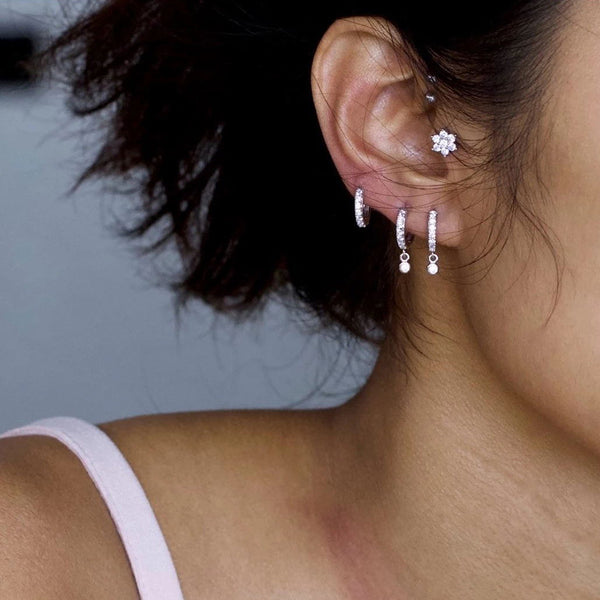 FE0007 925 Sterling Silver Pave Bezel Drop Huggie Earrings