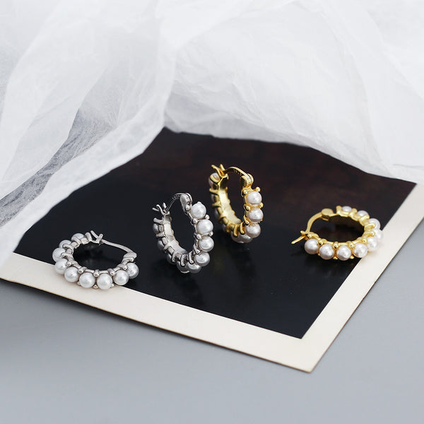 YHE0533 925 Sterling Silver Geometry Freshwater Pearl Chunky Hoop Earrings