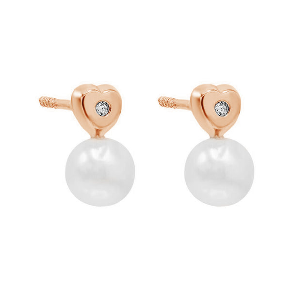 FE0526 925 Sterling Silver Diamond Heart Pearl Stud Earrings