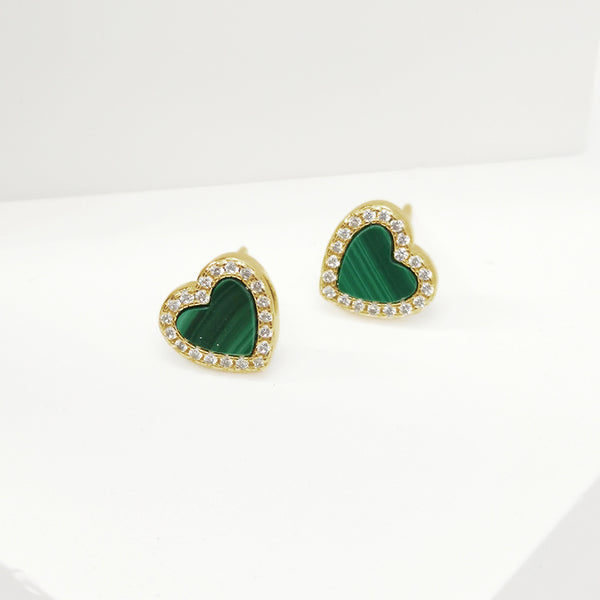 FE1811 925 Sterling Silver Mini Heart Malachite Stud Earrings