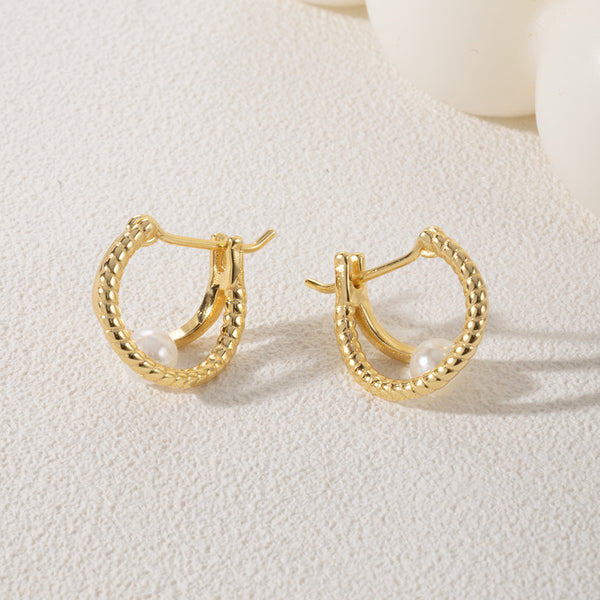 FE1860 925 Sterling Silver Double Band Freshwater Pearl Rope Hoops