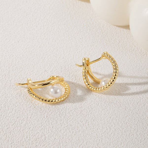 FE1860 925 Sterling Silver Double Band Freshwater Pearl Rope Hoops