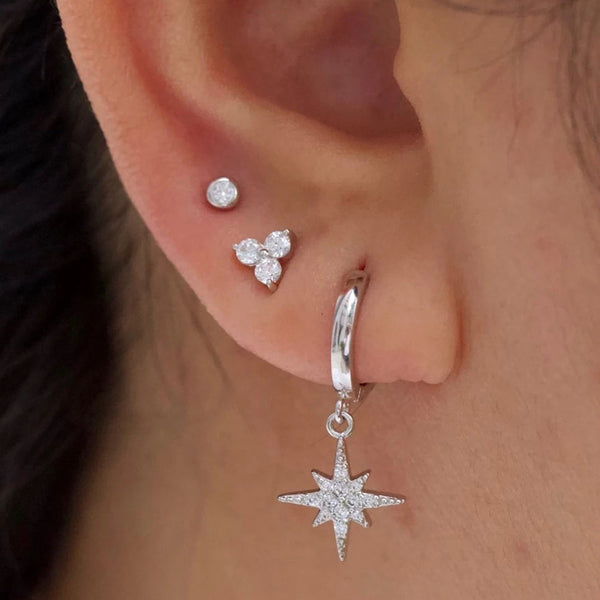 FE0019 925 Sterling Silver Pave Starburst Huggies Earrings