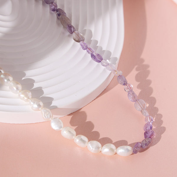 PN0023 925 sterling silver Purple Apatite Stone & Freshwater Pearl Bead Necklace