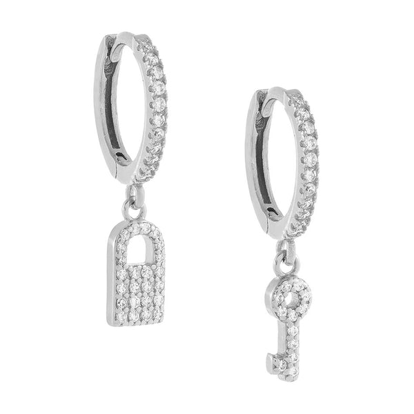 FE0541 925 Sterling Silver Lock & Key Hoop Earrings