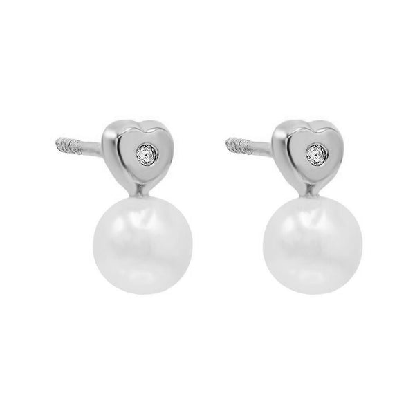FE0526 925 Sterling Silver Diamond Heart Pearl Stud Earrings