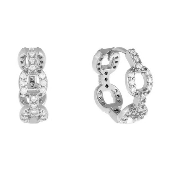 FE0560 925 Sterling Silver Mini Pave Chain Huggie Earrings