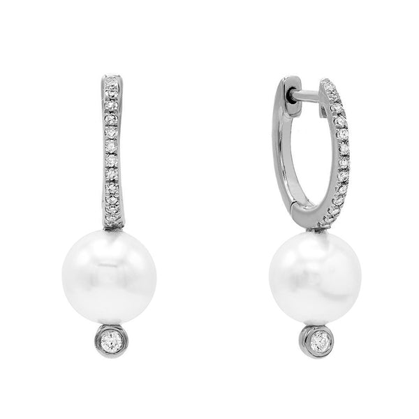 FE0503 925 Sterling Silver Diamond Pearl Huggie Earrings