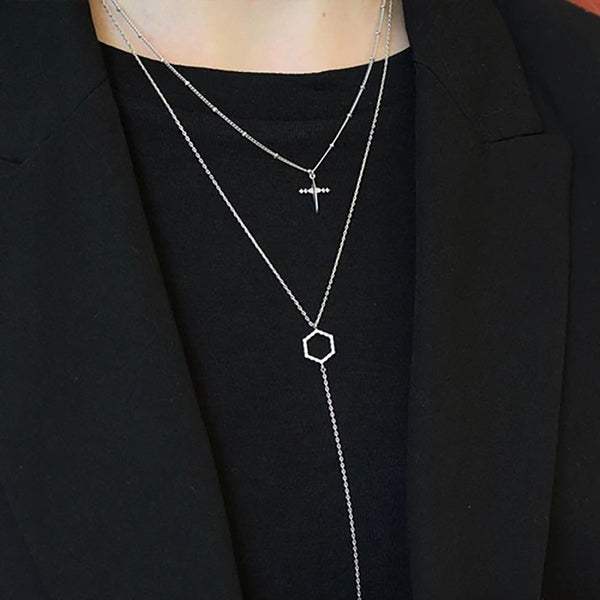 FX0066 925 Sterling Silver hexagon lariat Necklace