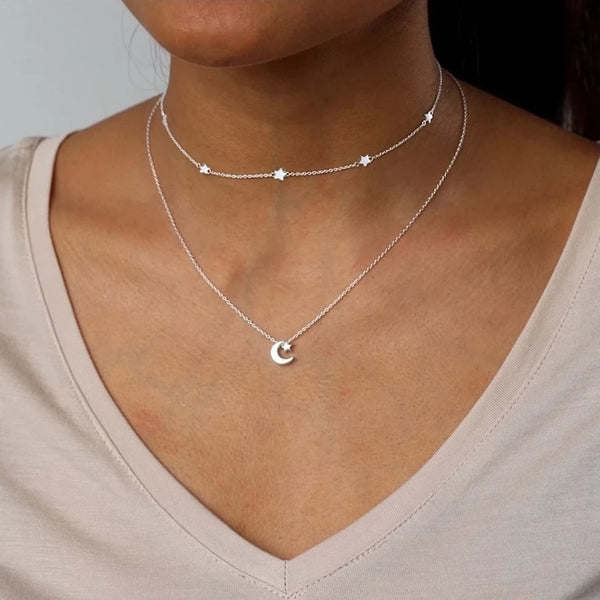 FX0025 925 Sterling Silver Moon & Star Necklace
