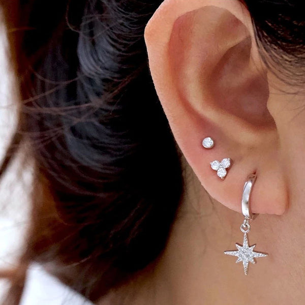 FE0019 925 Sterling Silver Pave Starburst Huggies Earrings