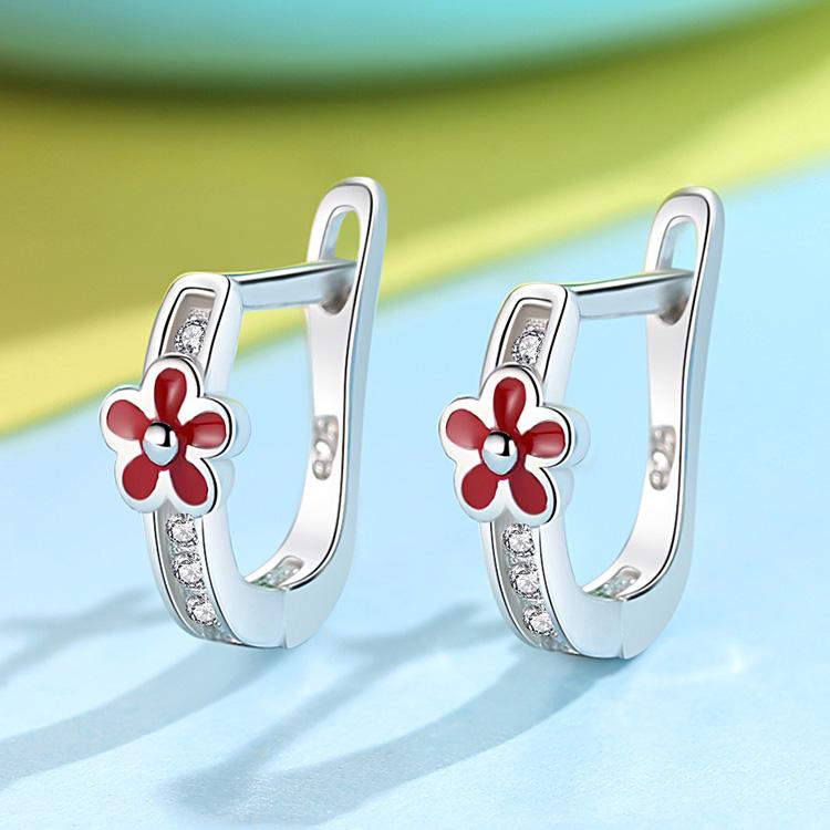ETYE3245 925 Sterling Silver Red Enamel Flower Children Earrings