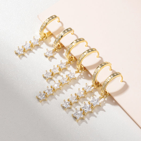 FE1871 925 Sterling Silver Trio Stars Dangle Hoops