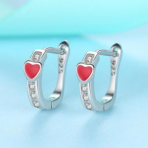 ETYE5217 925 Sterling Silver Lovely Red Heart Hoop Earrings