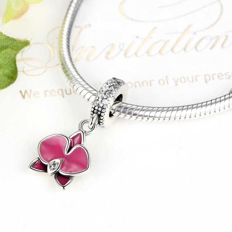 PY1220 925 Sterling Silver Rose Red Enamel Orchid Charm