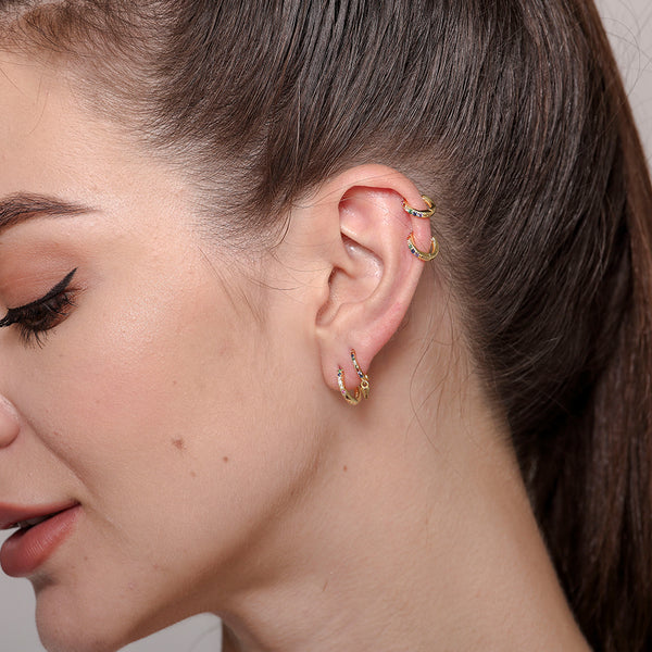 FE0008 925 Sterling Silver Rainbow Pave Huggie Earrings