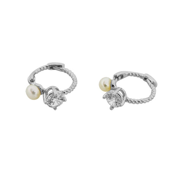 PE0060 925 Sterling Silver Claw Set CZ Freshwater Pearl Twist Hoop Earrings