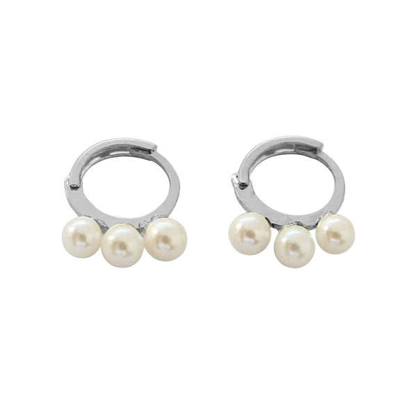 PE0058 925 Sterling Silver Classic Trio Shell Pearl Huggie Hoop Earrings