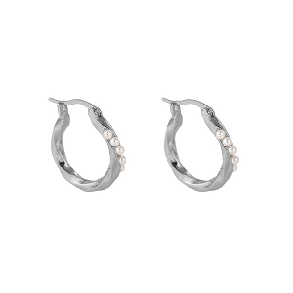 PE0107 925 Sterling Silver Twist Pearl Women Huggie Hoop Earrings