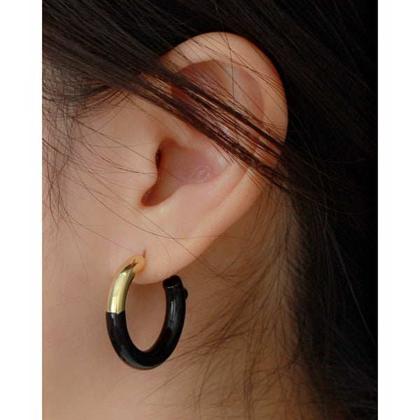 YHE0517 925 Sterling Silver Vintage Black Enamel Open Half Hoop Earrings