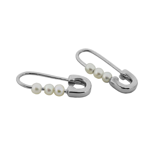 PE0098 925 Sterling Silver White Round Pearl Paperclip Hoop Earring